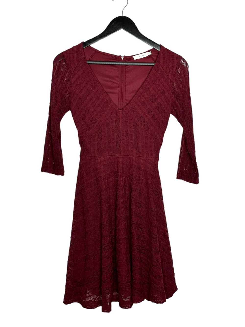 Lush Burgundy Lace Fit & Flare Dress V Neck Bell Sleeve Romantic Small Coquette